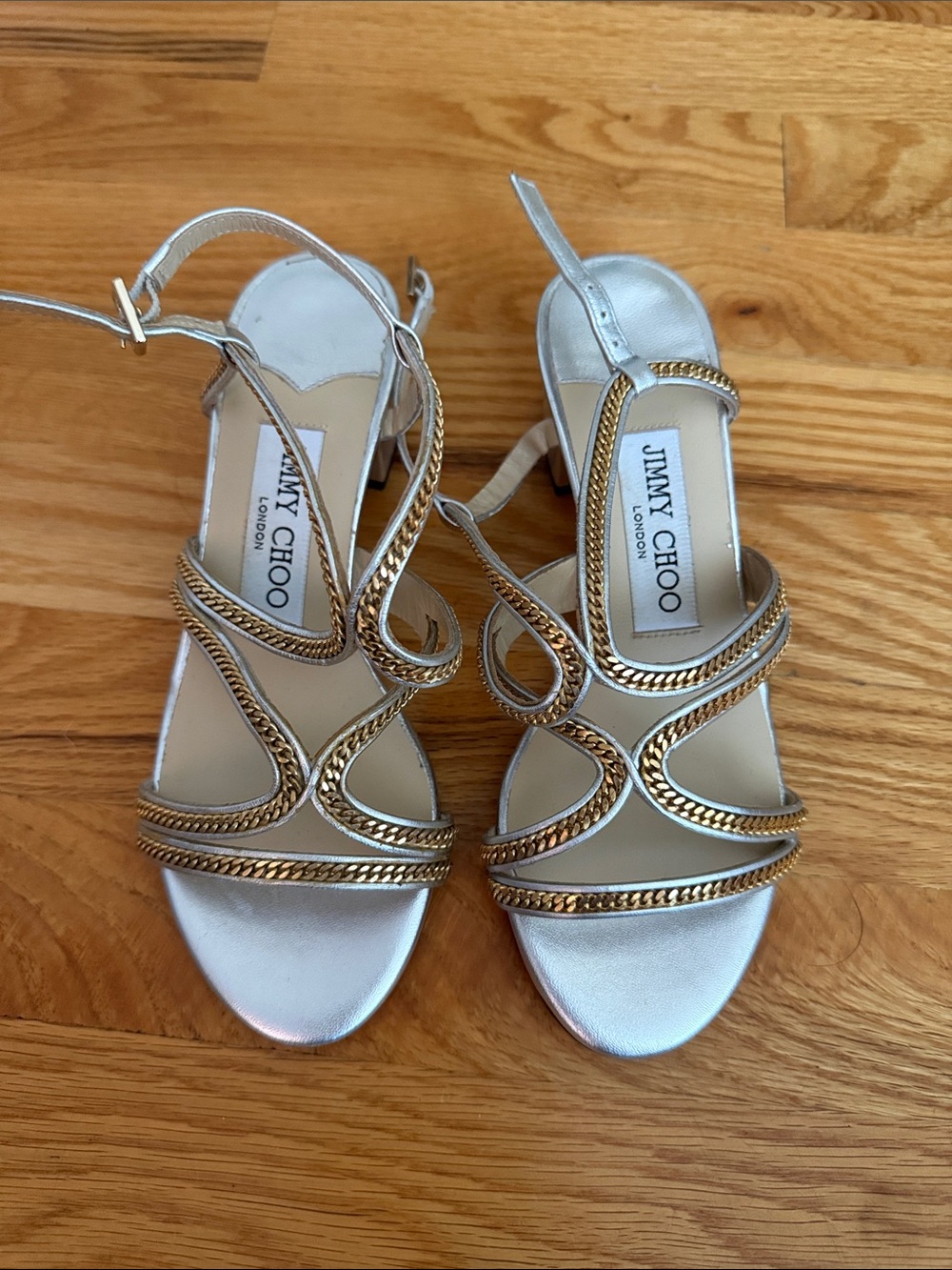 Jimmy Choo Silver Sandals with Gold Braided Straps size 34